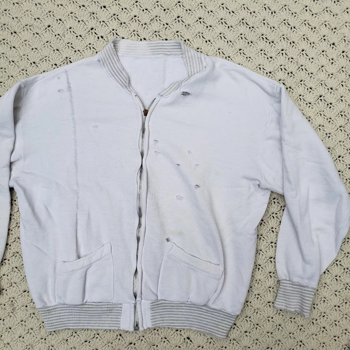 Vintage 50s Full Zip Cardigan Pocket Cotton Sweatshirt Striped Ribbing Medium