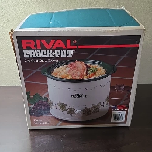Vintage Rival Crock Pot 3120 Stoneware Slow Cooker White Green Ivy 2.5 Quart 