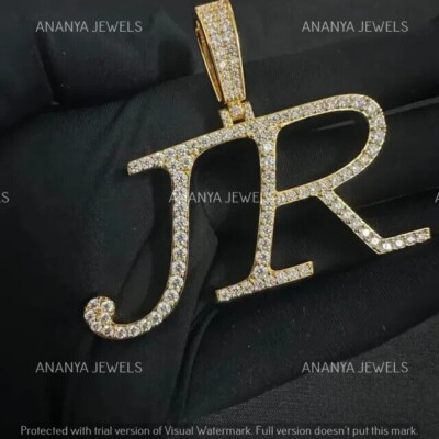 Men's 2 Ct Round Cut Moissanite Custom JR Letter Pendant 14K Yellow Gold Plated