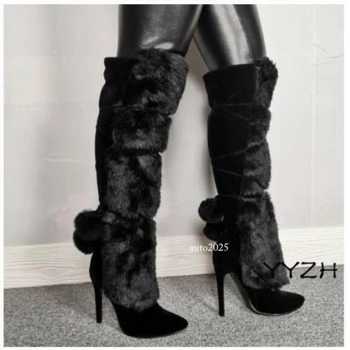 Womens Fur Decor Stilettos Pointed Over The Knee Thigh Boots Zipper Warm Outwear - Image 3 of 4