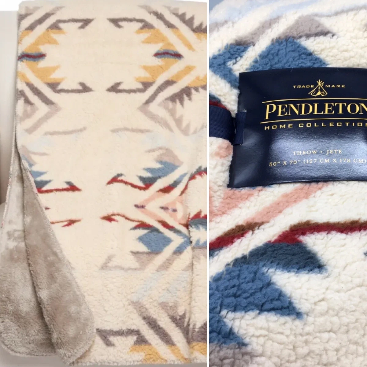 Pendleton White Sands Southwest Sherpa Fleece Throw Blanket Cream Blue Red 50x70