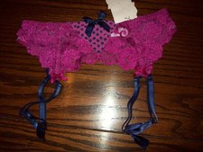NWT CABERNET LACE FRONT GARTER BELT NYLON/SPANDEX FUCHSIA/NAVY DOT 4244 L