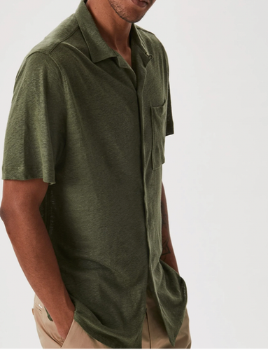 Adolfo Dominguez Khaki Polo Shirt Mens Medium Green Linen Short Sleeve Button Up