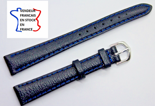 Bracelet De Montre En Cuir Véritable Noir Surpiqué Blanc - Largeur 14 Mm - Boucle Argentée