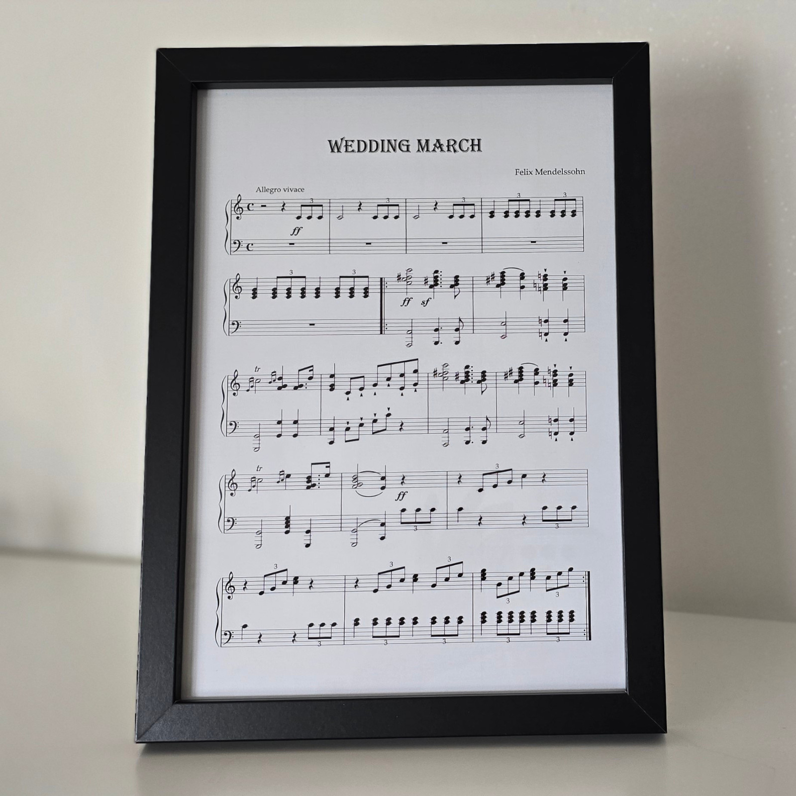 Partituras enmarcadas para boda marzo - Impresión Mendelssohn en A4, vidrio enmarcado
