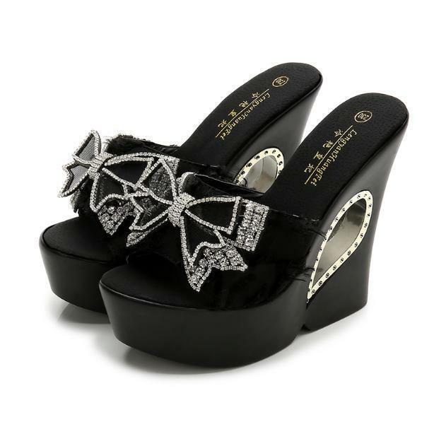 Women's High Wedge Heel Slippers with Bow Sequins Platform Beach Shoes 13cm-image