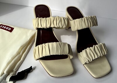 STAUD Women's $325 Frankie Ruched Leather Sandal Cream Off White US M 