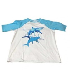 Lands' End Boys Sharks Graphic Raglan Rash Guard Swim Shirt Size XL 14H-16H