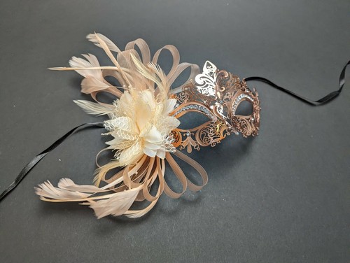 Women's Rose Gold Peach Laser Cut Masquerade Metal Mask Rhinestones Feathers - Picture 4 of 4