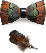 Handmade Feather Pre-tied Bow tie and Brooch Sets for Men Peacock Blue/Orange