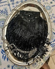 Art Deco Hand Glass Beaded Evening Bag Satin Black Detachable Shoulder Strap-new