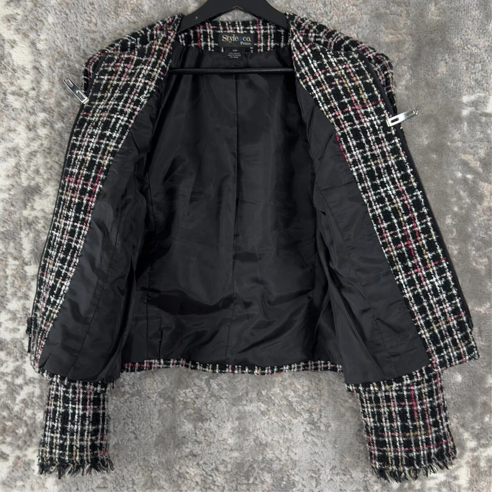 Chaqueta Style & Co Petites Talla 14P Flecos Manga Larga Cremallera 2 Vías Negro Rosa Foto 4 de 4