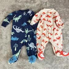 Lot of 2 Fleece Baby Sleepers Zip Up Snap Footies Warm Newborn Boy Dino Fox