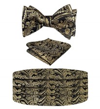Mens Paisley Cummerbund and UNTIED Bow Tie with Hanky Set Black Gold