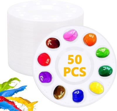 50Pcs Paint Palette Trays, 10-Well Plastic Tray with Central White 