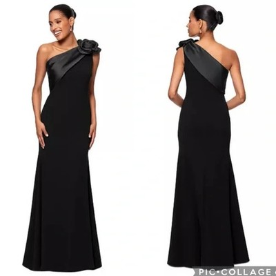 betsy and adam black mermaid dress Betsy & Adam Black Rosette One-Shoulder Crepe Mermaid Gown Size 16 $269