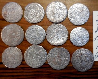 Lot of 12 POLAND 16th 17th Century Silver Schilling of Riga. About 17 mm each.