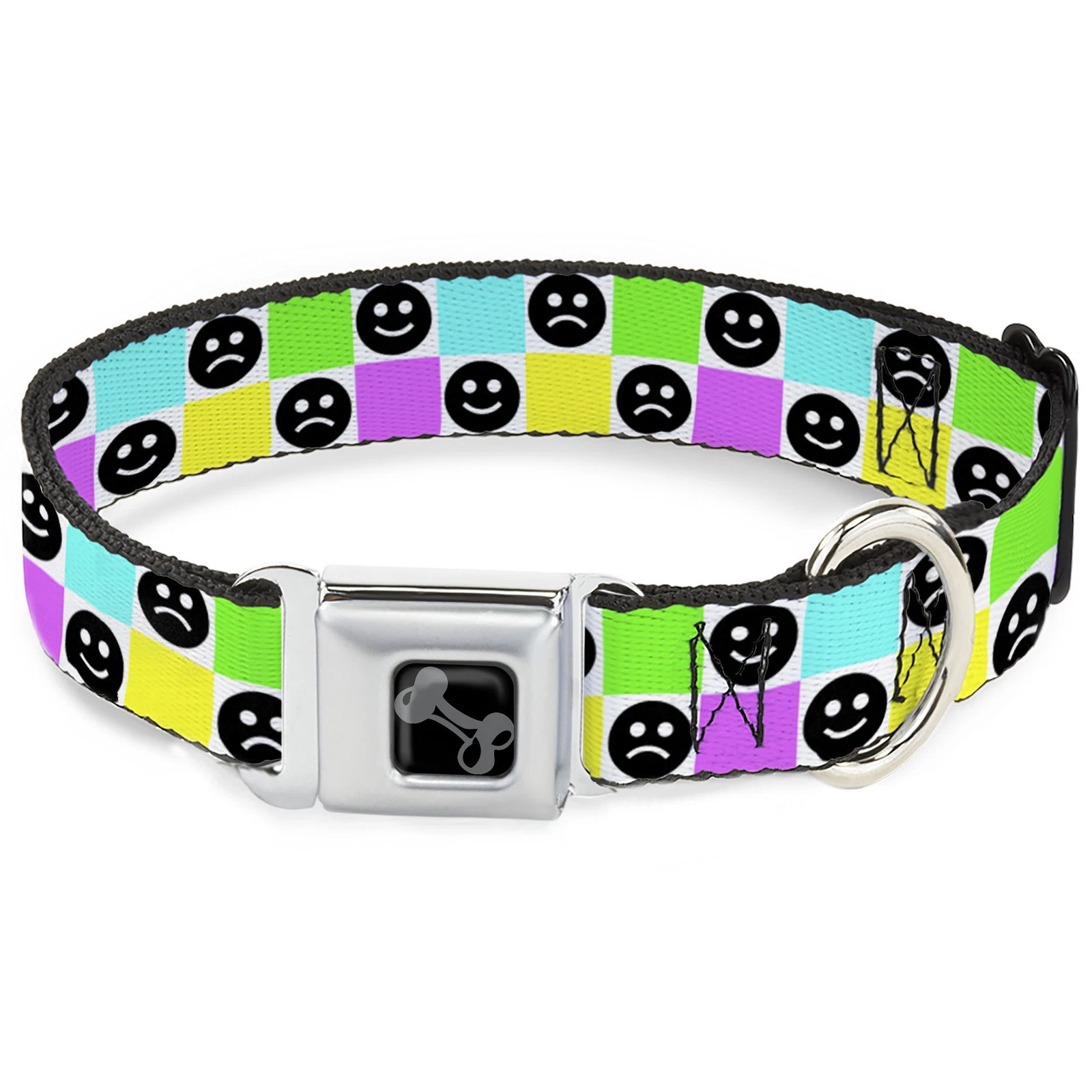 Dog Collar Bone Smiley Sad Face Checker Multi Color/White Medium 11-16.5"