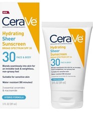CeraVe Hydrating Sheer Sunscreen SPF 30 Face  Body 3 fl oz Exp 11/26 NEW IN BOX