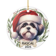 Shih Tzu dog ceramic ornament, Santa hat wreath portrait, custom name year