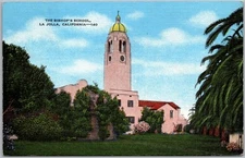 Vintage Linen Postcard Bell Tower and Gardens LA Jolla, CA 1940s