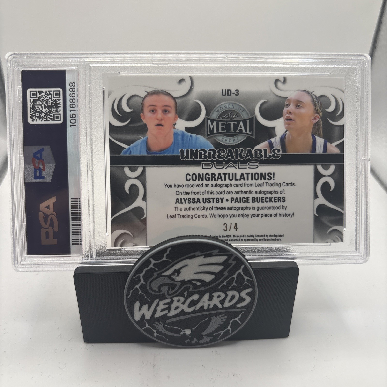 Leaf 2024 Metal Paige Bueckers / Alyssa Ustby UD-3 AUTO /4 Purple PSA 9 view 2