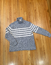 J.Crew Marled-Cotton White Blue Stripes Rollneck Sweater 100 Cotton Sz M Men