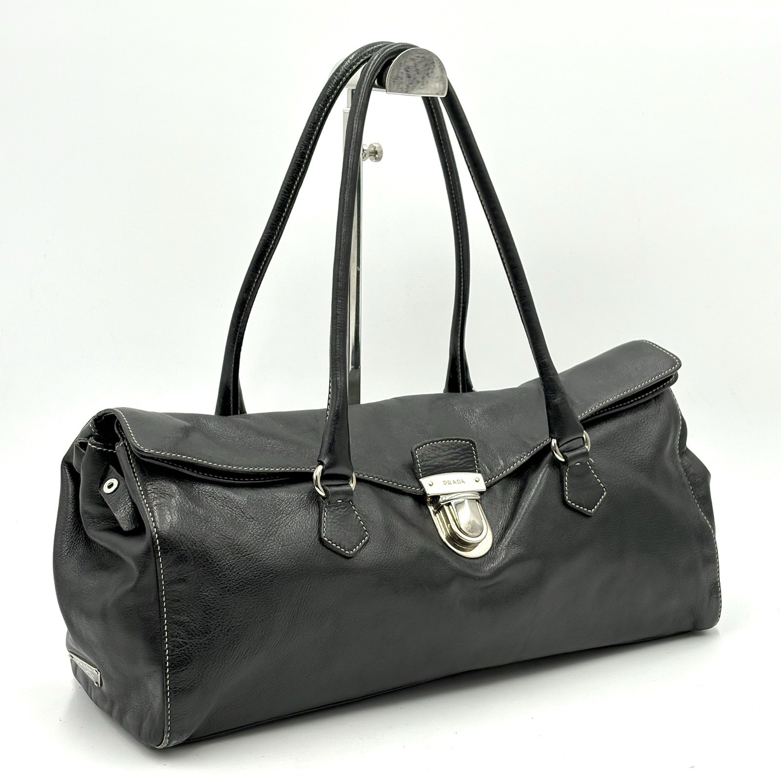 Auth Prada Silver Tone Hardware Leather Shoulder Bag Tote Bag Black 2Y3644