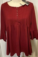 NWT C.O.Z.Y Womens Deep Red Tunic Top 3/4 Sleeve,Soft Flowing Fit, Flattering