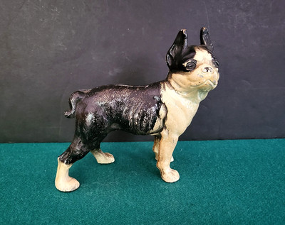 ATQ 1930s Vindex Cast Iron Boston Terrier Dog Coin Still Bank, Black & White, 6''