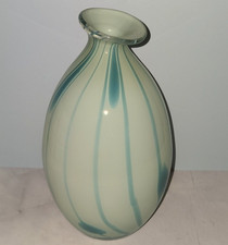 Art Glass Vase Translucent Blue Green Striped Blown Glass Twisty Top 8"
