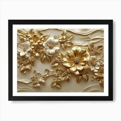 3D Gold Relief Blumen Kunstdruck gerahmt Wandbild Poster Leinwanddruck Bild