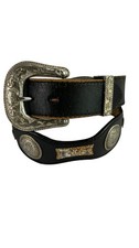 Vintage Black Leather Western Concho Belt Silver Engraved Buckle Boho Size 32