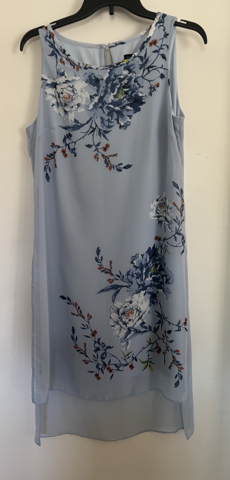 White House Black Market Floral Chiffon Overlay Dress Sky Blue Small Elegant NWT