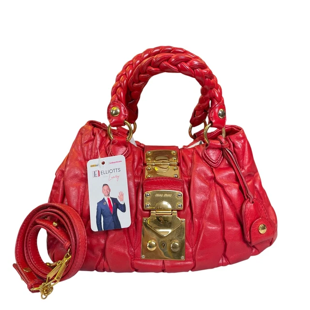 Miu Miu Tomato Red Rosa Matelasse Leather Two Way Gold Pretzel Crossbody Purse