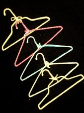 Vintage Lot 5 Crochet Covered Wire Hangers Knit Yarn Fabric YELLOW RED BLUE fun