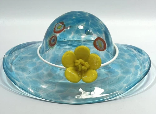 Vintage Murano Style Hand Blown Hat Art Glass With Flower Millefiori White Band