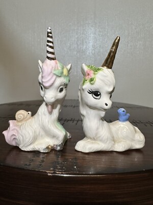 2 Vtg White Unicorn Ceramic Figurines 3  Gold Horn Snail Bird Hand Painted Sweet