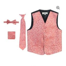 Boys 4 PC Formal Paisley Vest Set For 10 Years Old Boy in bright Coral Color