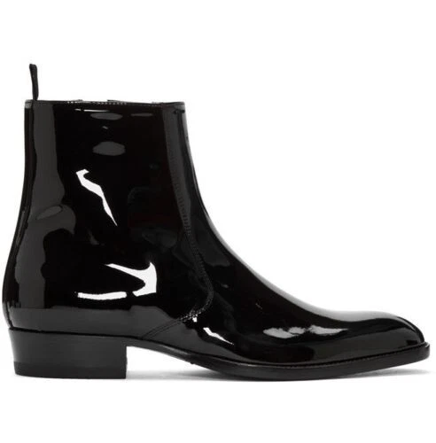 Handmade Men Fashion Black Patent Leather Boots, Men Side Zipper Ankle Boot 7-17