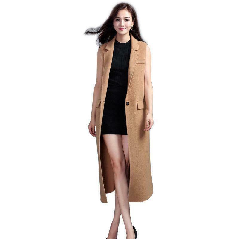 Elegant Women's Wool Blend Waistcoat Long Knee Length Jacket Suit