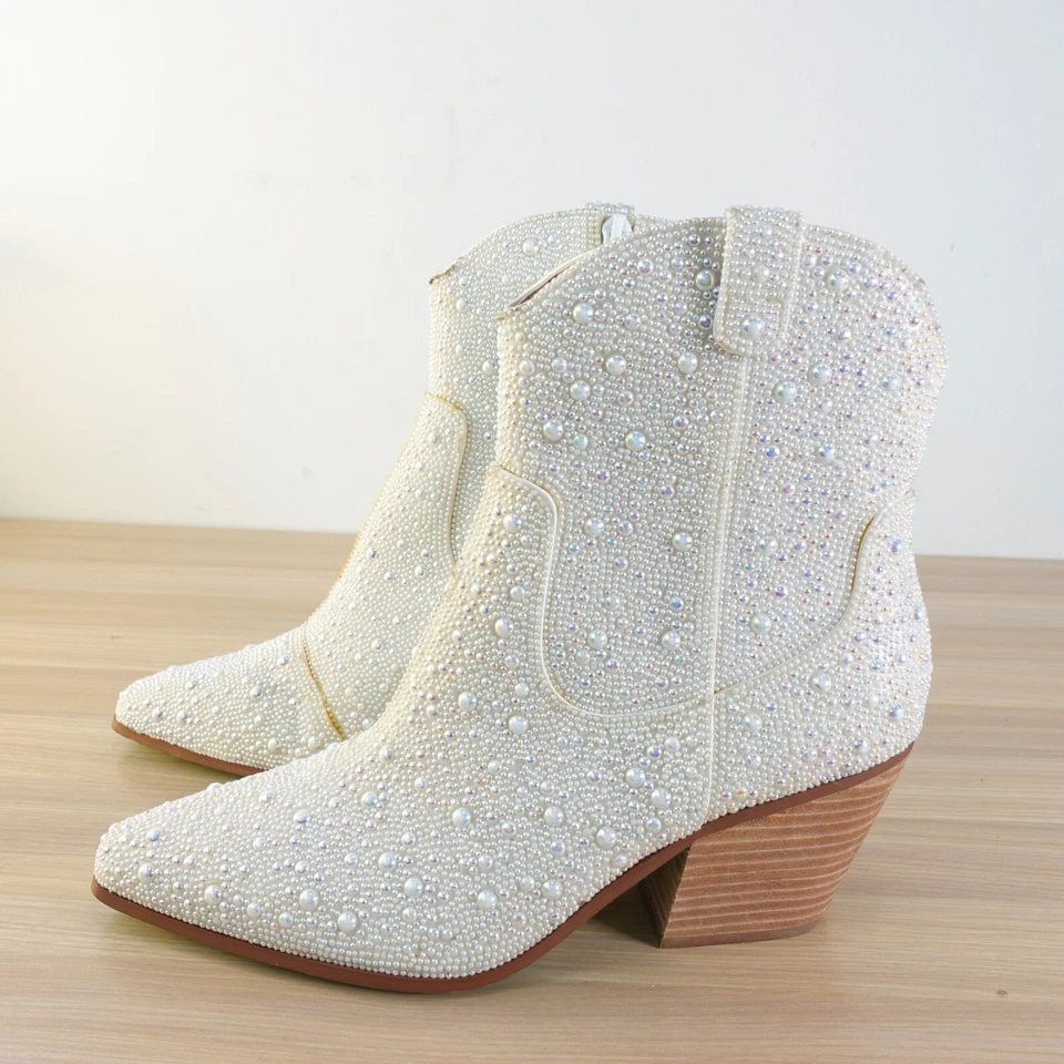 Botas Western Blancas 9 Betsey Johnson Zapatos Mujer Botín Perlas Punta SB Diva Foto 2 de 4