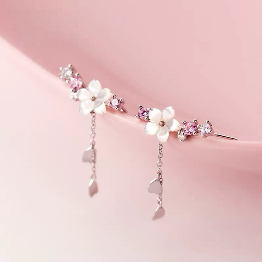 S925 Sterling Silver Delicate Five-Petal Flower & Heart Tassel Earrings