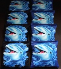 HAPPY DOLPHIN SWIMMING OCEAN BLUE BLACK 8 ACA Regulation Cornhole Bean Bags B284