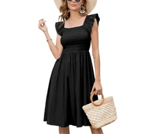 NWOT Simier Fariry Smocked Knee Length Black Travel Casual Dress Size L