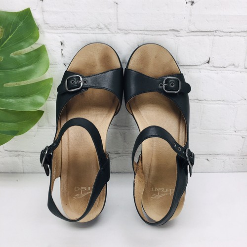 Dansko Wedge Sandals Women Size 40/9.5 Black Leather Ankle Strap Platform - Picture 7 of 15