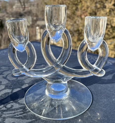 Vtg Art Deco Pr Crystal Clear LARIAT Triple Candle Holders Elegant Heisey Glass - Picture 4 of 8