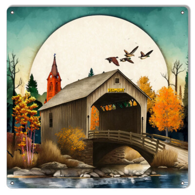Vermont Covered Bridge In The Fall Metal Sign By Phil Hamilton 12x12