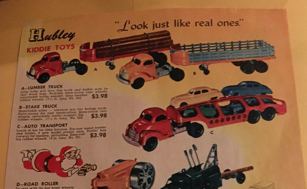 1950 Hubley Toys Paper Ad~Lumber Bell TeleponeTruck Auto Transport Farm Set +++