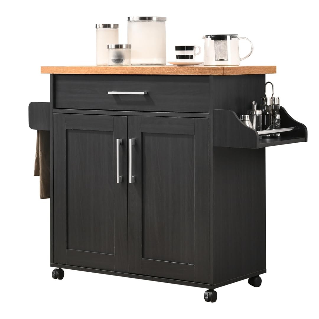 Hodedah Kitchen Island with Spice Rack, Towel & Drawer, Black Beech